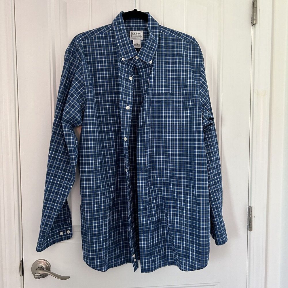 L. L. Bean Blue/Green Plaid Long Sleeve Button Down Shirt Traditional Fit Cotton